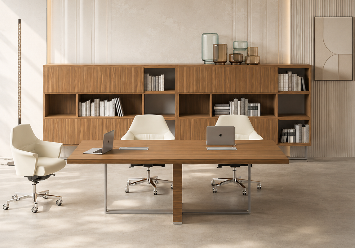 Tavoli riunione e librerie coordinate per ambienti executive